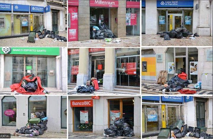 Garbage in front of banks in Lisbon